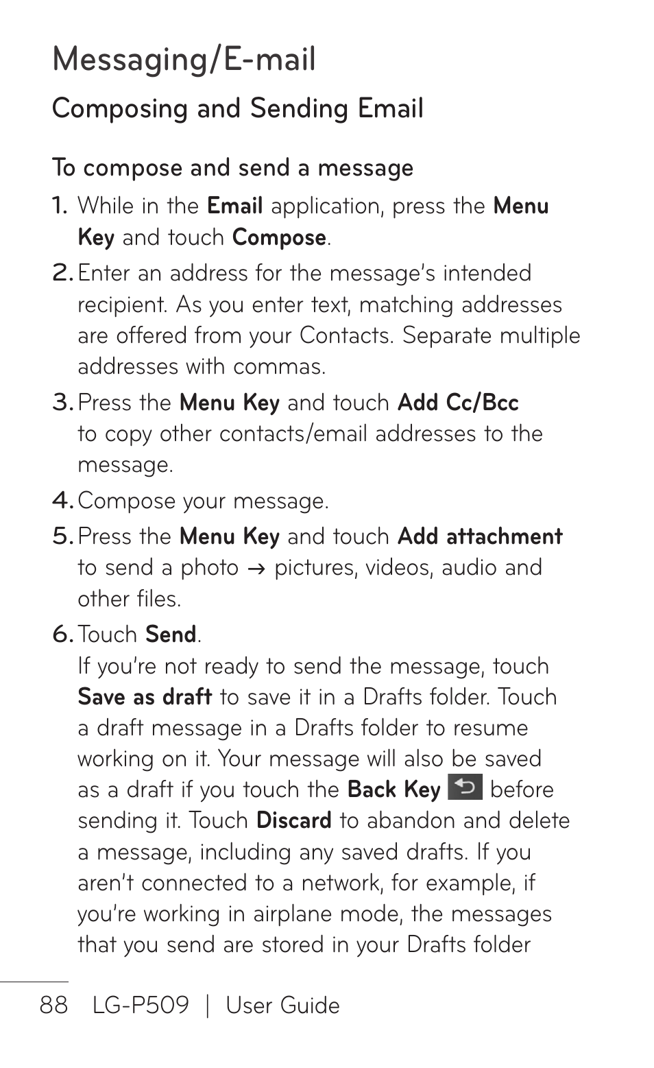Composing and sending email, Messaging/e-mail | LG LGP509 User Manual | Page 88 / 396