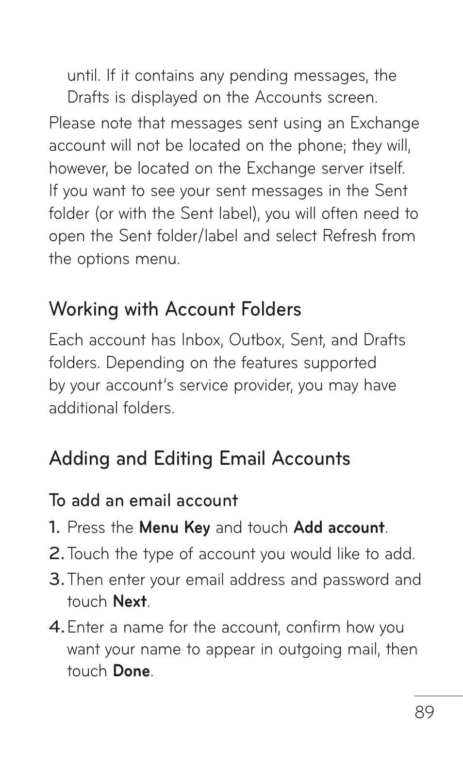 Working with account folders, Adding and editing email accounts | LG LGP509 User Manual | Page 89 / 396