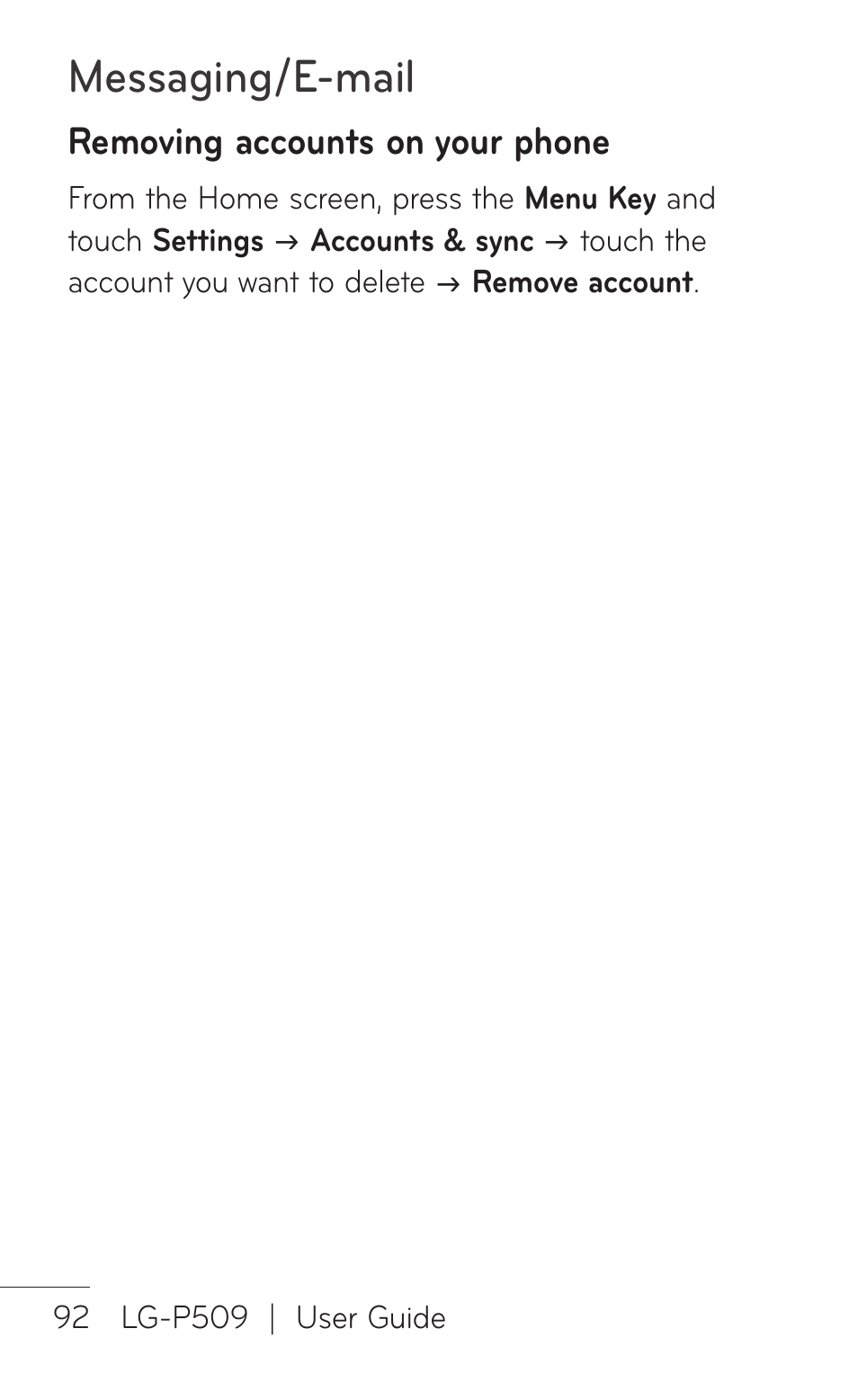 Removing accounts on your phone, Messaging/e-mail | LG LGP509 User Manual | Page 92 / 396