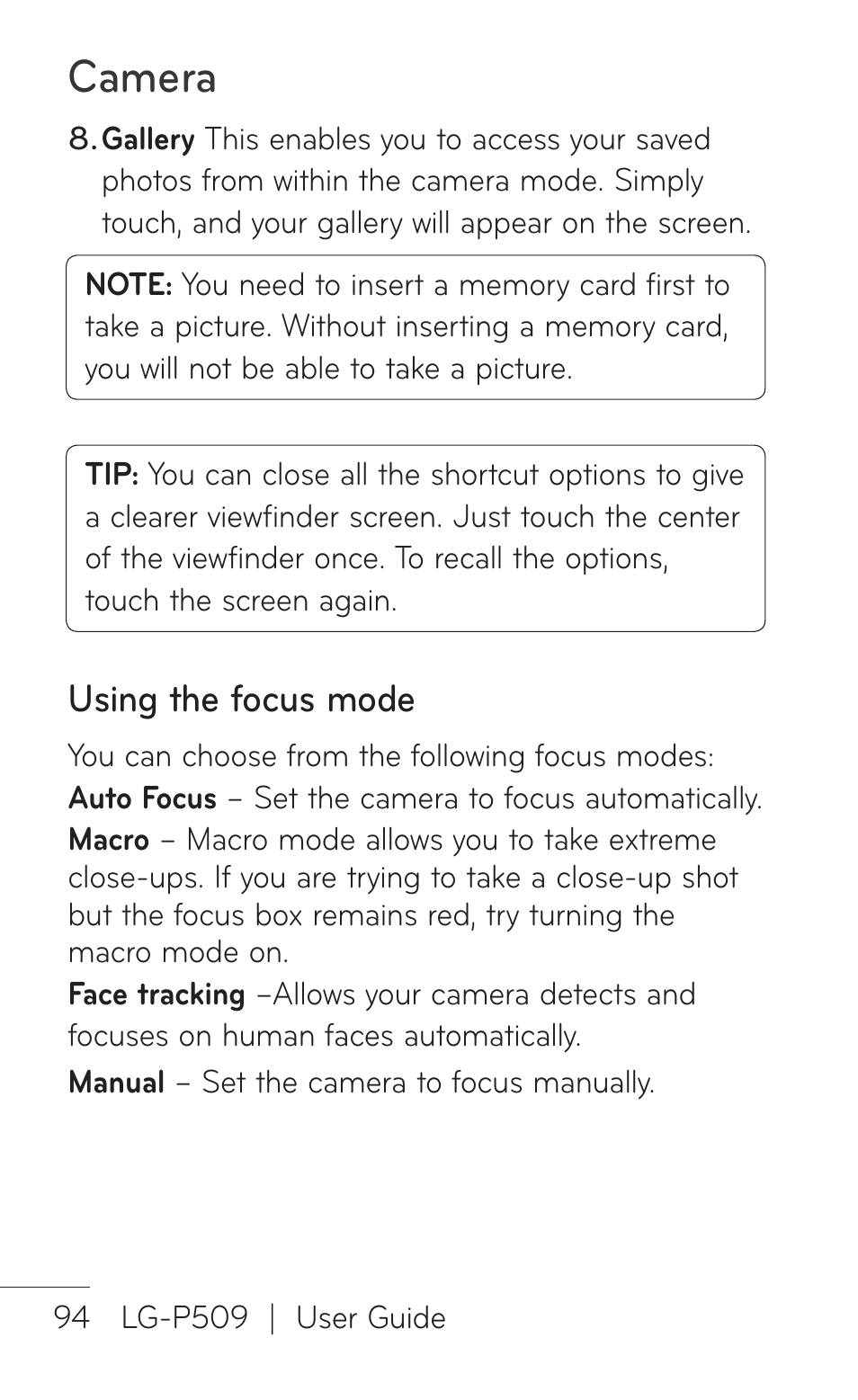 Using the focus mode, Camera | LG LGP509 User Manual | Page 94 / 396