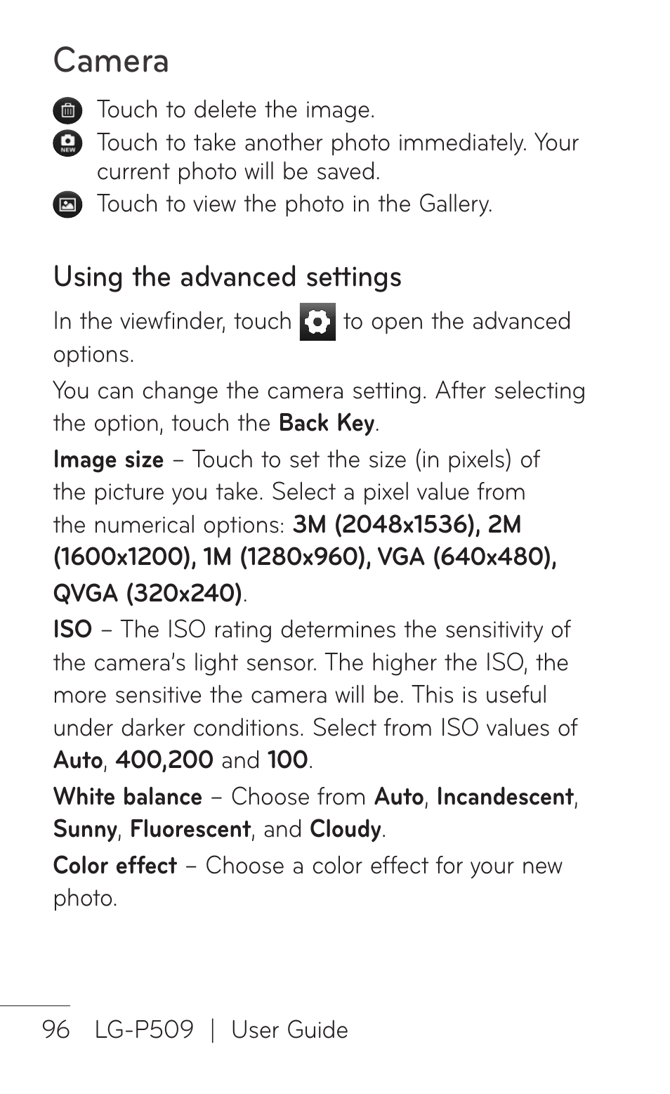 Using the advanced settings, Camera | LG LGP509 User Manual | Page 96 / 396