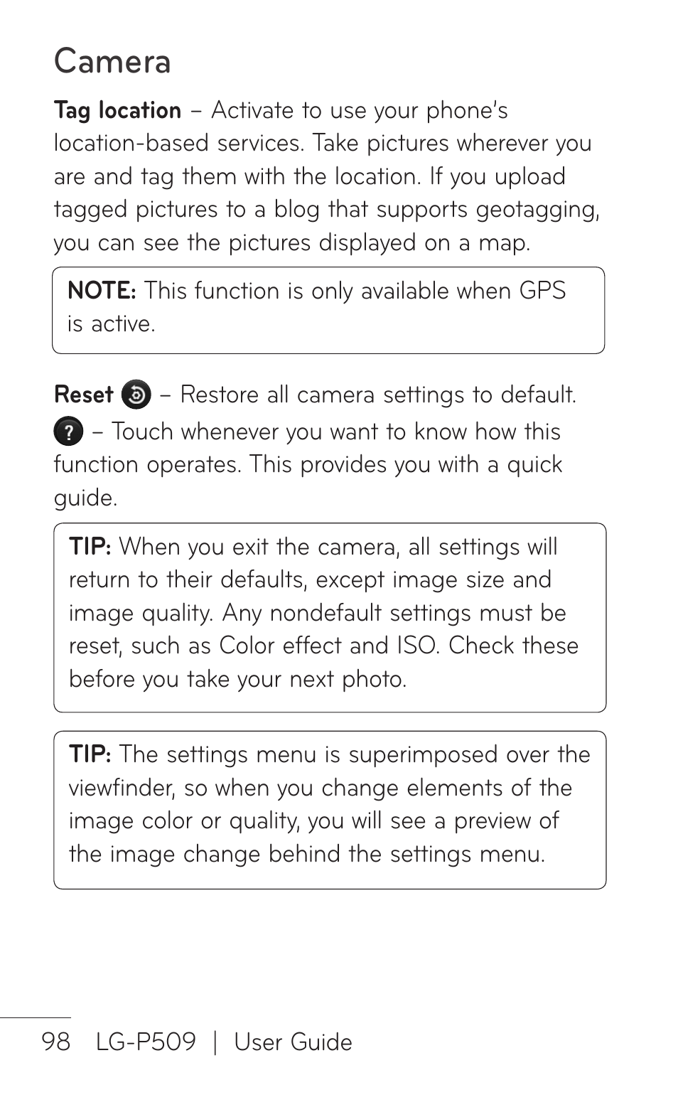 Camera | LG LGP509 User Manual | Page 98 / 396