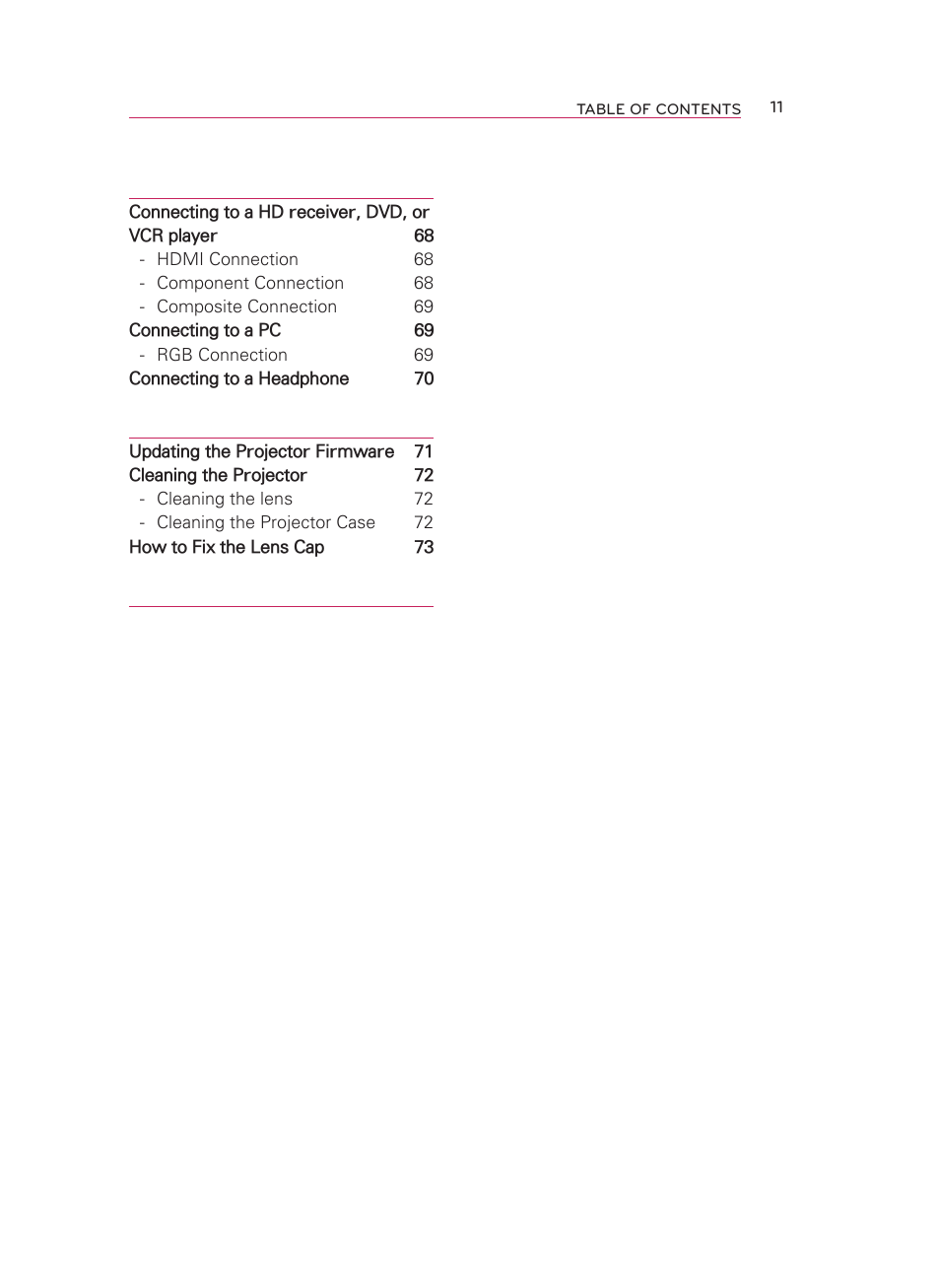 Making connections 67, Maintenance 71, Specifications 74 | LG HW300T User Manual | Page 11 / 76