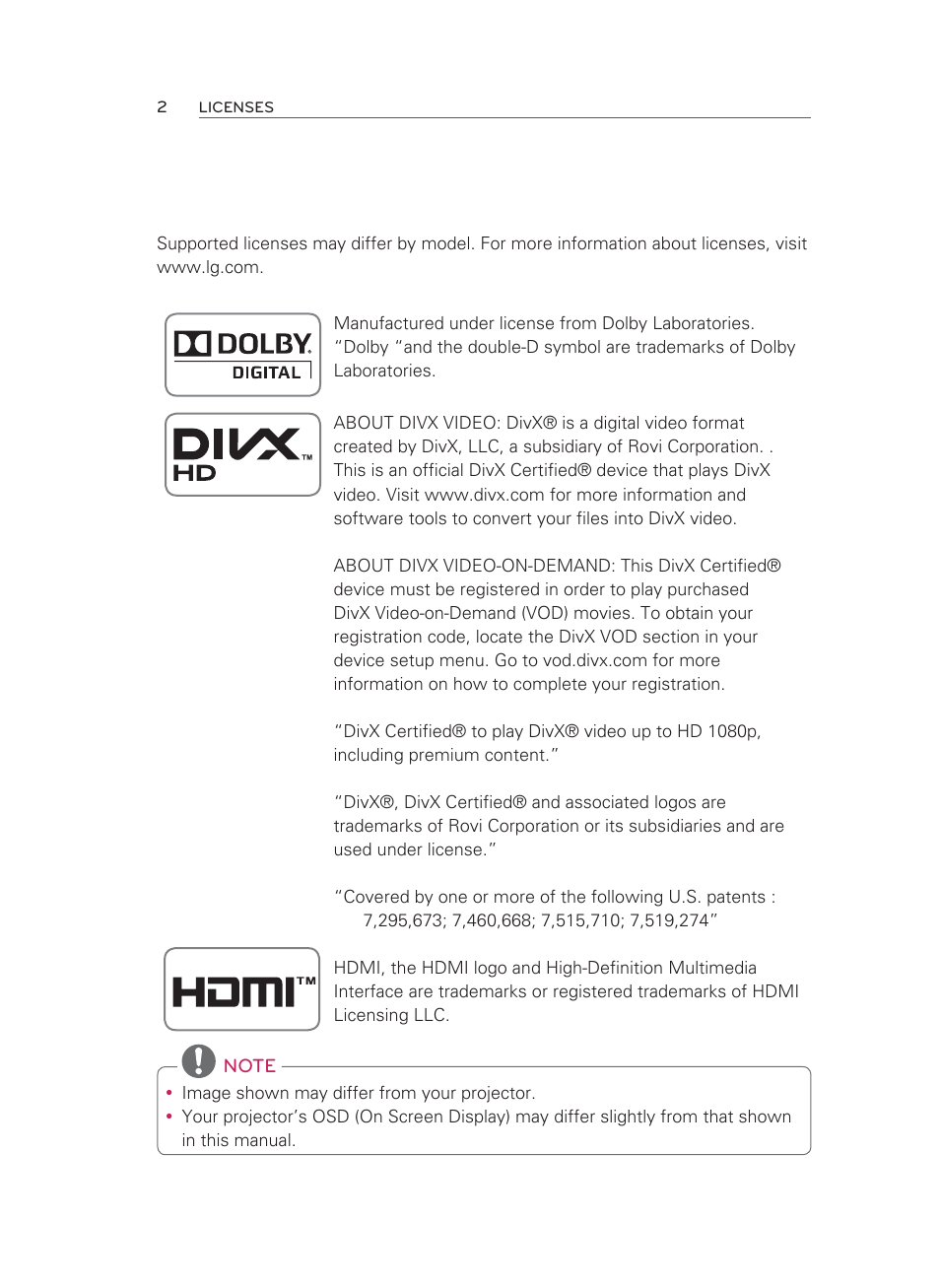 Licenses | LG HW300T User Manual | Page 2 / 76