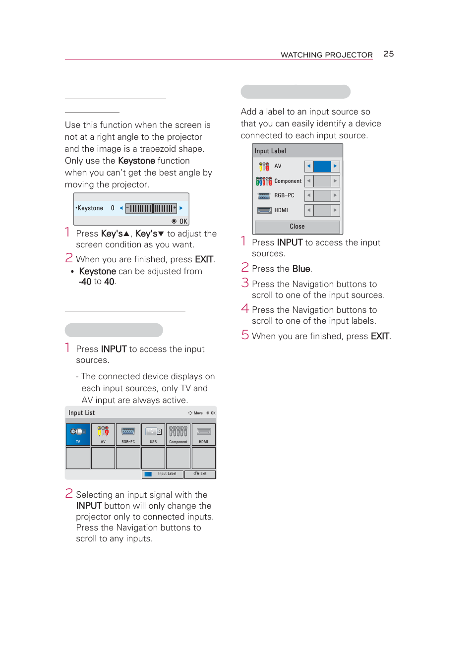 Using keystone function, Using the input list, Adding an input label | LG HW300T User Manual | Page 25 / 76