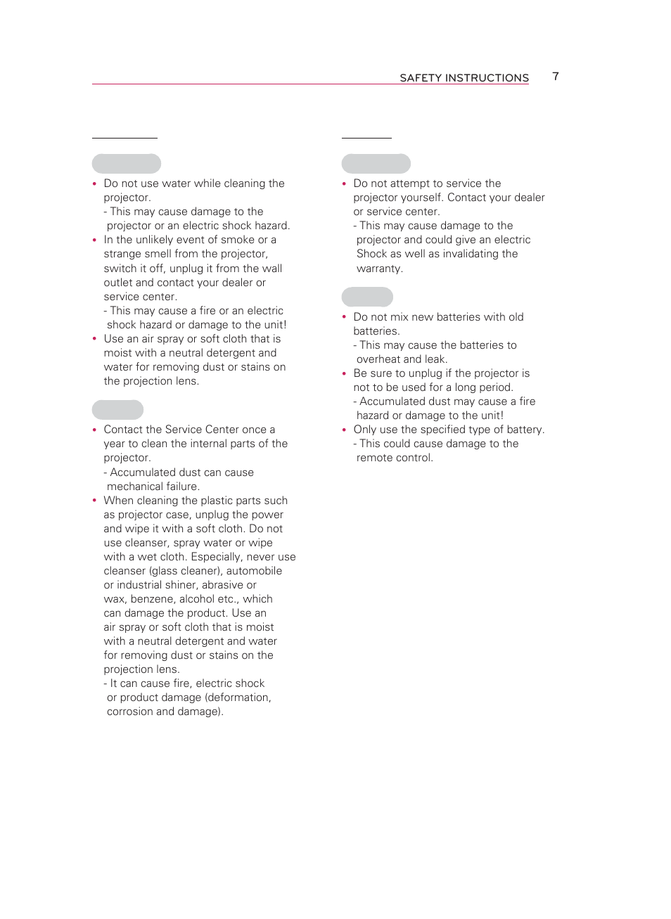 Cleaning, Others | LG HW300T User Manual | Page 7 / 76