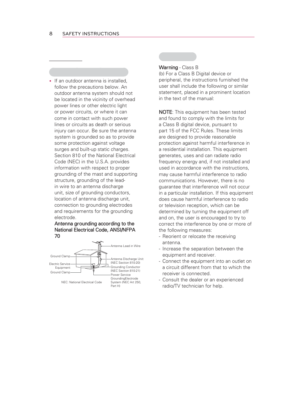 Antenna, Outdoor antenna grounding, Fcc notice | LG HW300T User Manual | Page 8 / 76