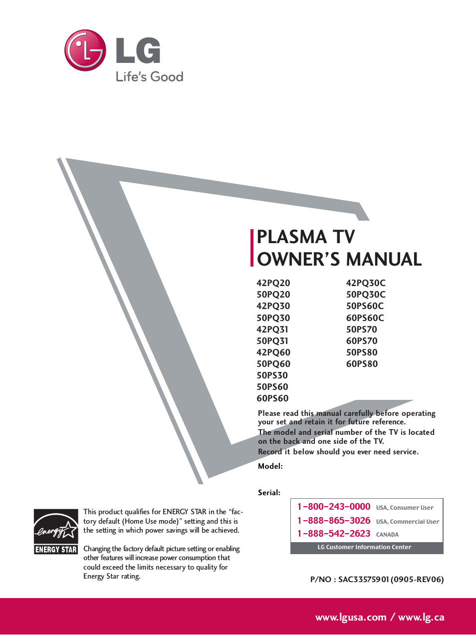 LG 60PS60 User Manual | 123 pages