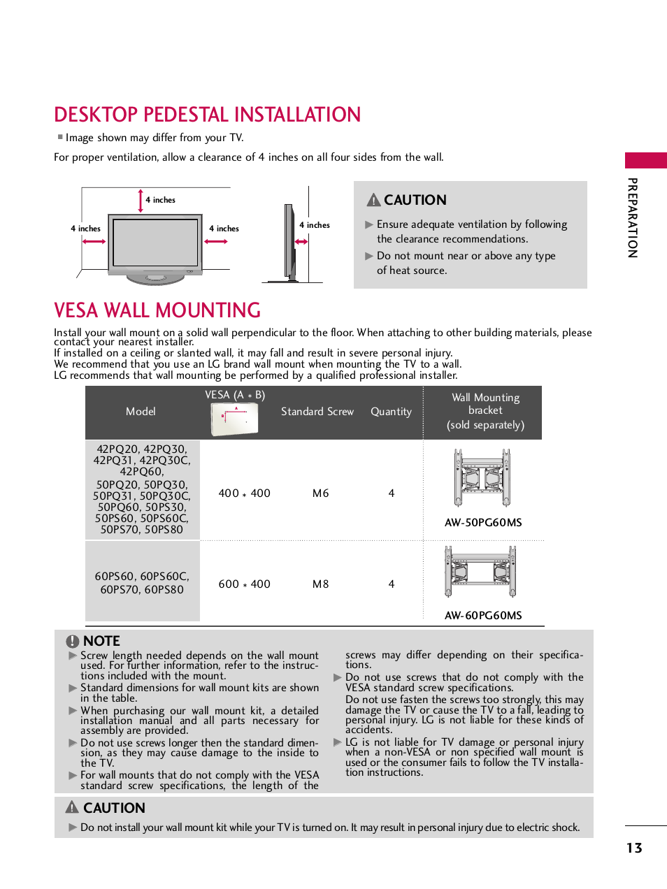 Desktop pedestal installation, Vesa wall mounting, Caution | Prep ar a tion | LG 60PS60 User Manual | Page 15 / 123