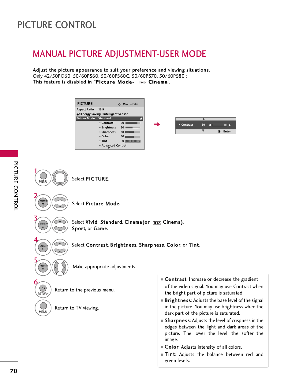 Manual picture adjustment-user mode, Picture control, Picture contr ol | LG 60PS60 User Manual | Page 72 / 123