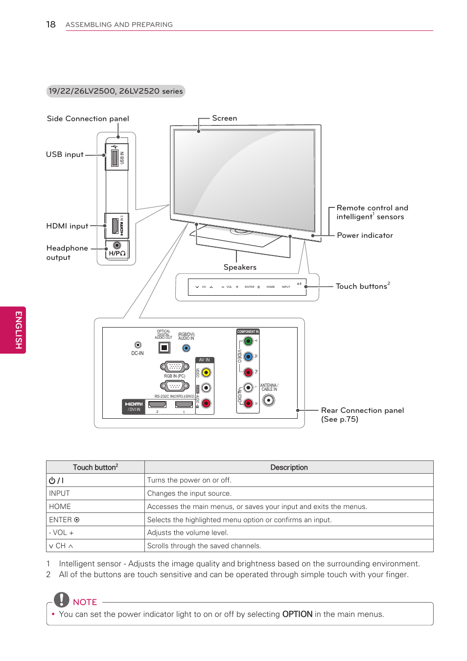 English, Screen touch buttons, Power indicator remote control and intelligent | LG 32LV3500 User Manual | Page 18 / 128