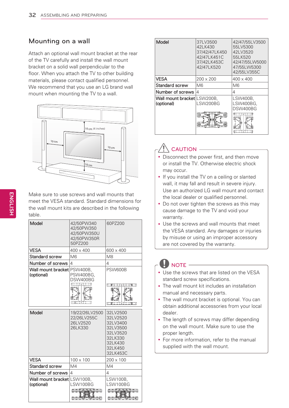 Mounting on a wall | LG 32LV3500 User Manual | Page 32 / 128