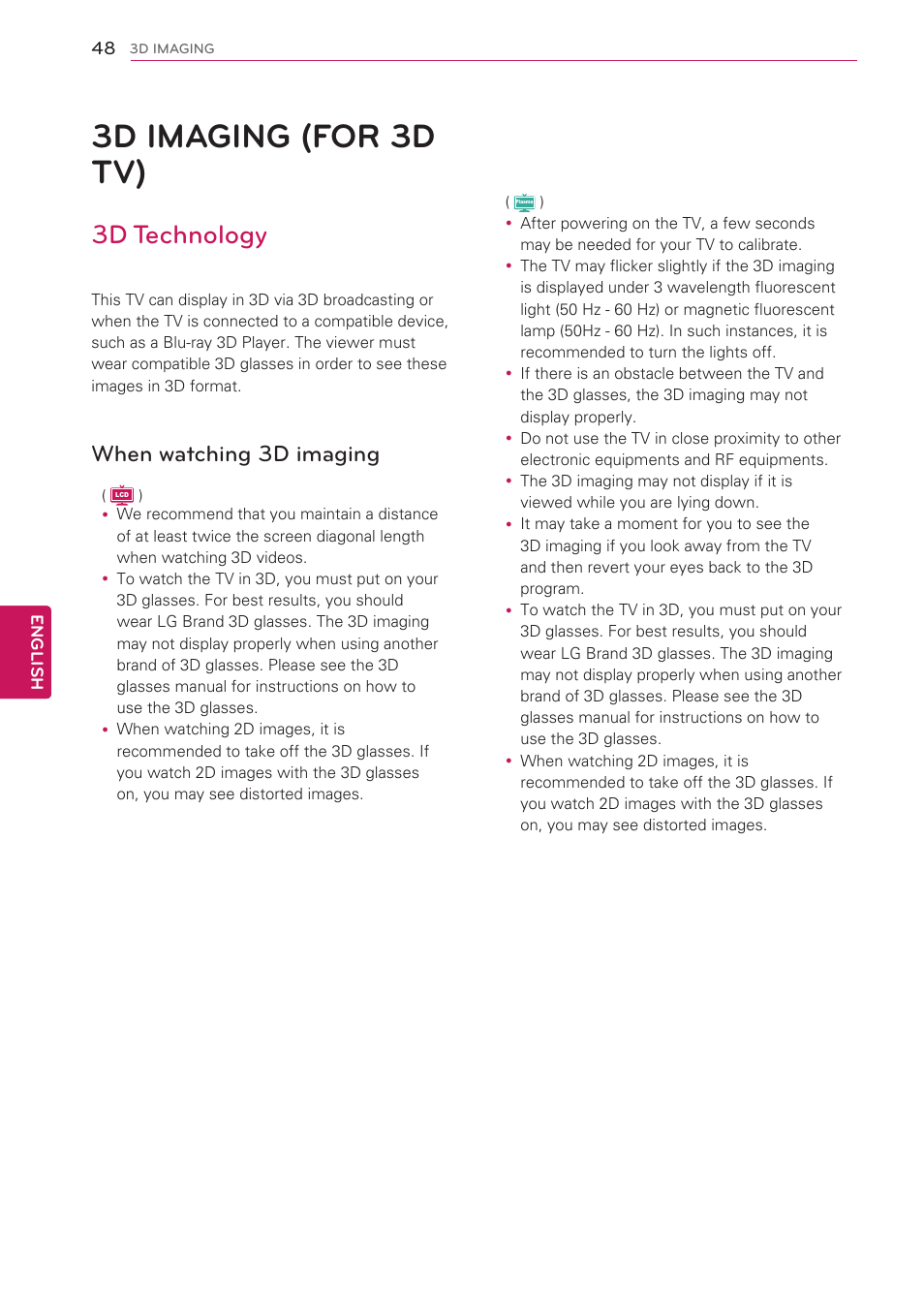 3d imaging (for 3d tv), 3d technology, When watching 3d imaging | 48 3d imaging (for 3d tv), See p.48) | LG 32LV3500 User Manual | Page 48 / 128