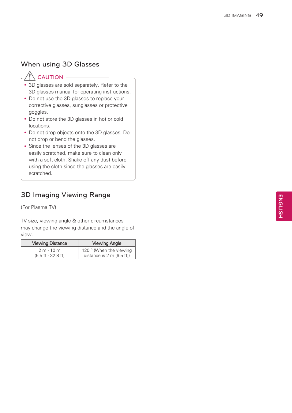 When using 3d glasses, 3d imaging viewing range | LG 32LV3500 User Manual | Page 49 / 128