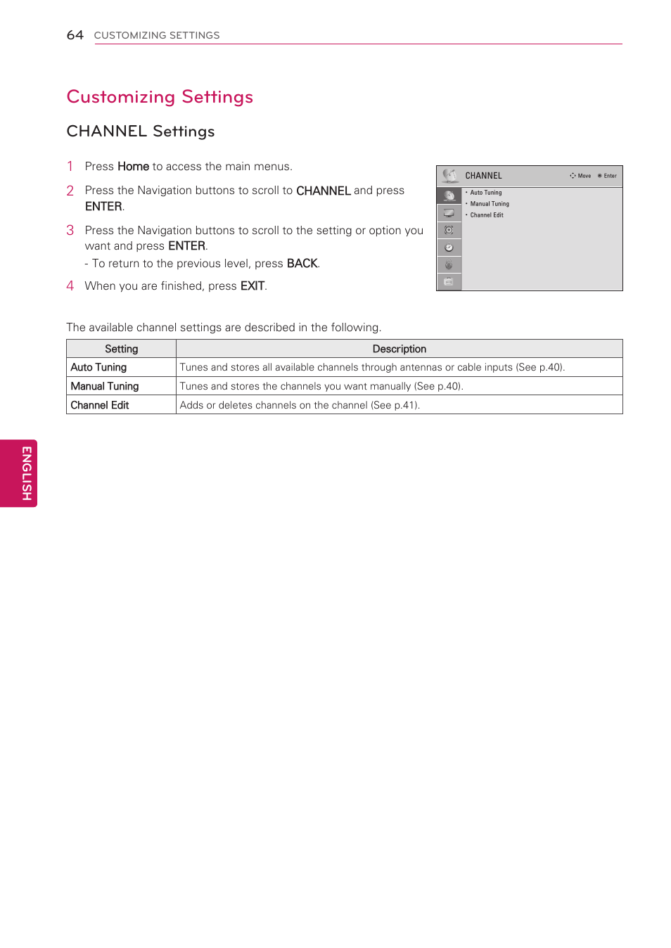 Customizing settings, Channel settings | LG 32LV3500 User Manual | Page 64 / 128