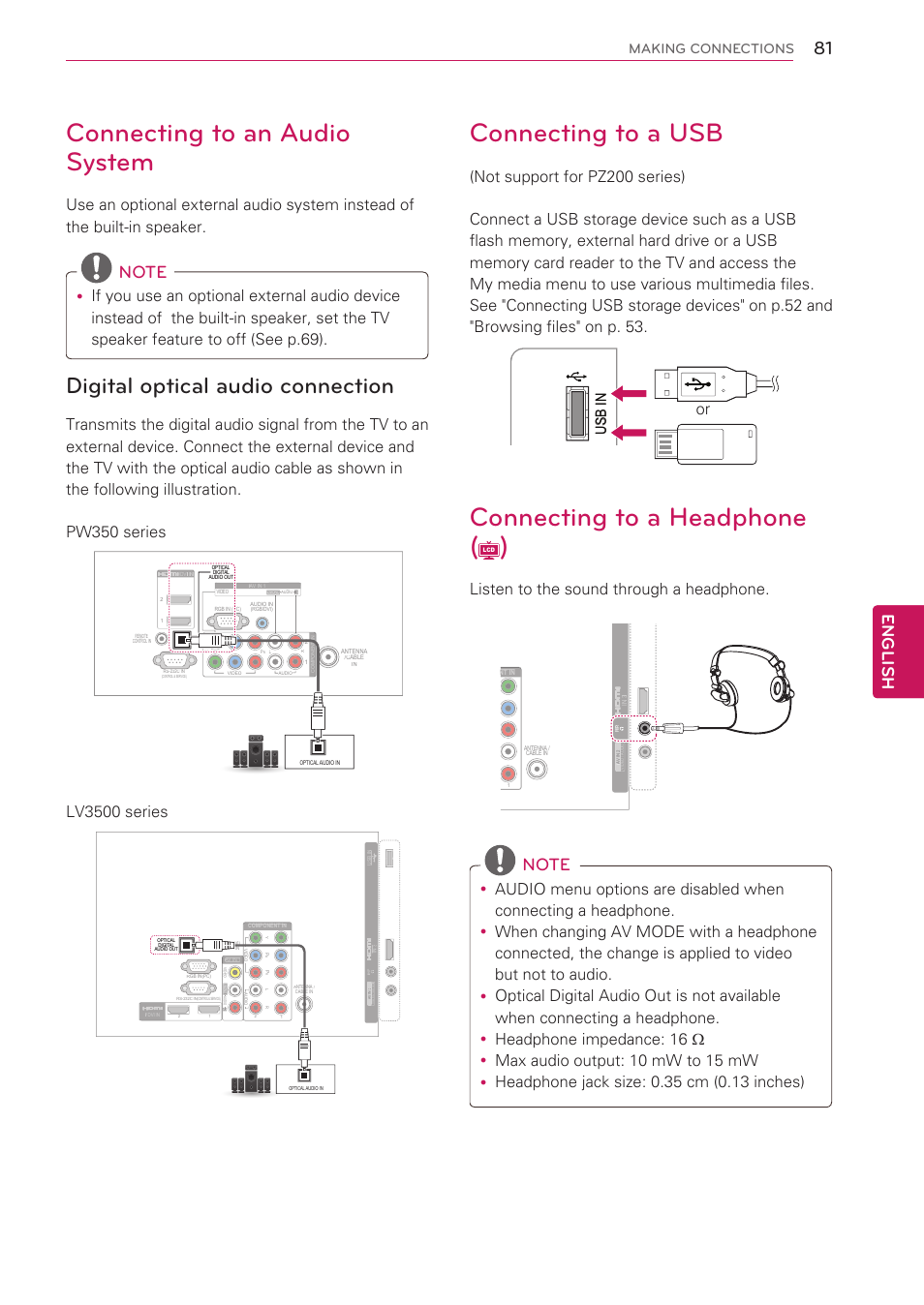 Connecting to an audio system, Digital optical audio connection, Connecting to a usb | Connecting to a headphone (￼), Connecting to a headphone, Digital – see p.81, Age – see p.81, Eader – see p.81, English, Listen to the sound through a headphone | LG 32LV3500 User Manual | Page 81 / 128