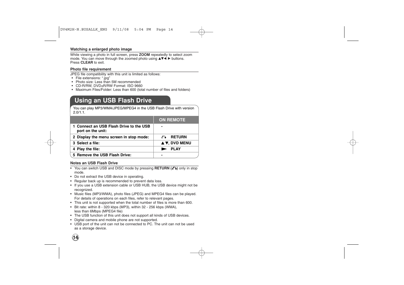 Using an usb flash drive | LG DN899 User Manual | Page 14 / 17