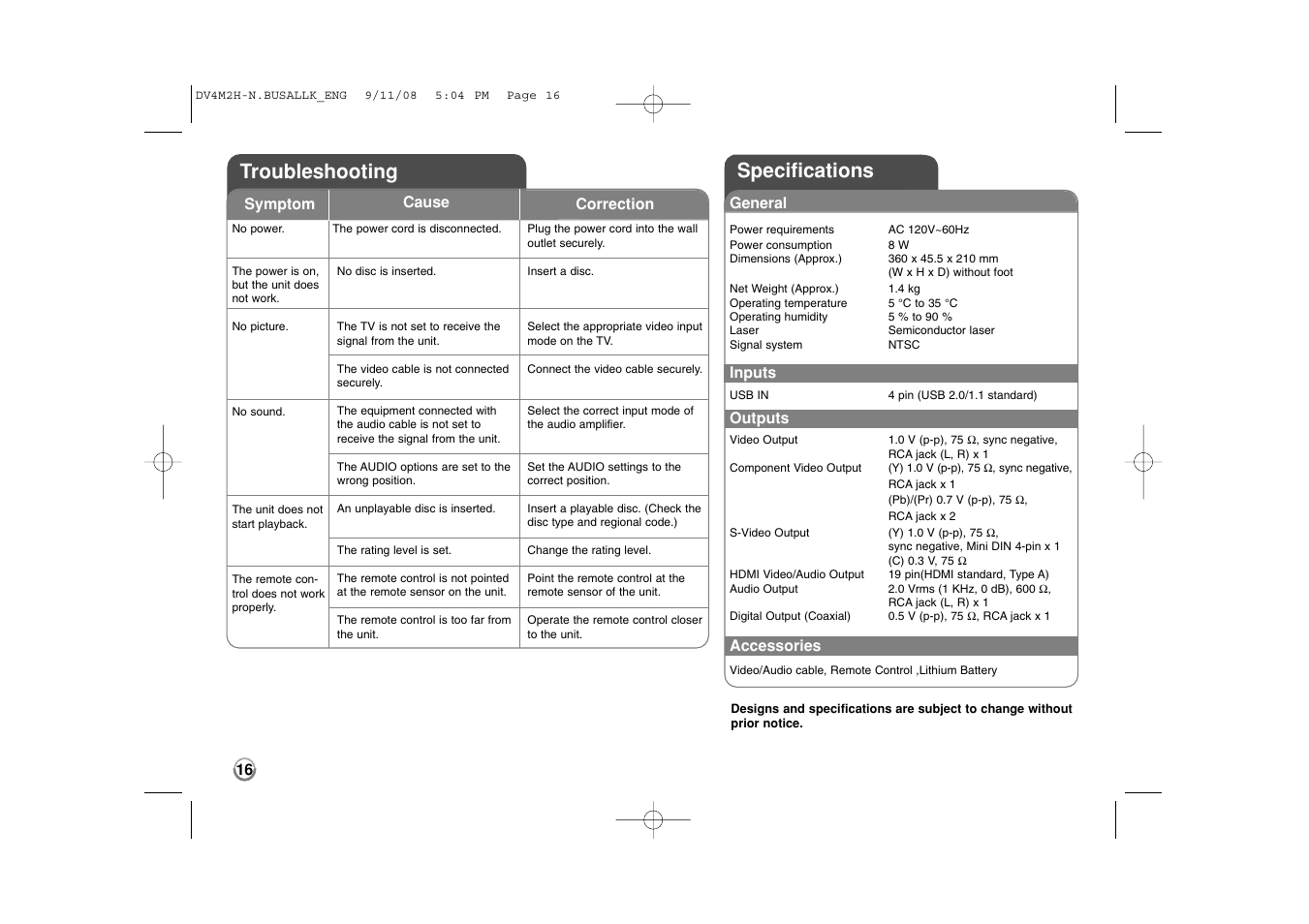 Specifications troubleshooting | LG DN899 User Manual | Page 16 / 17