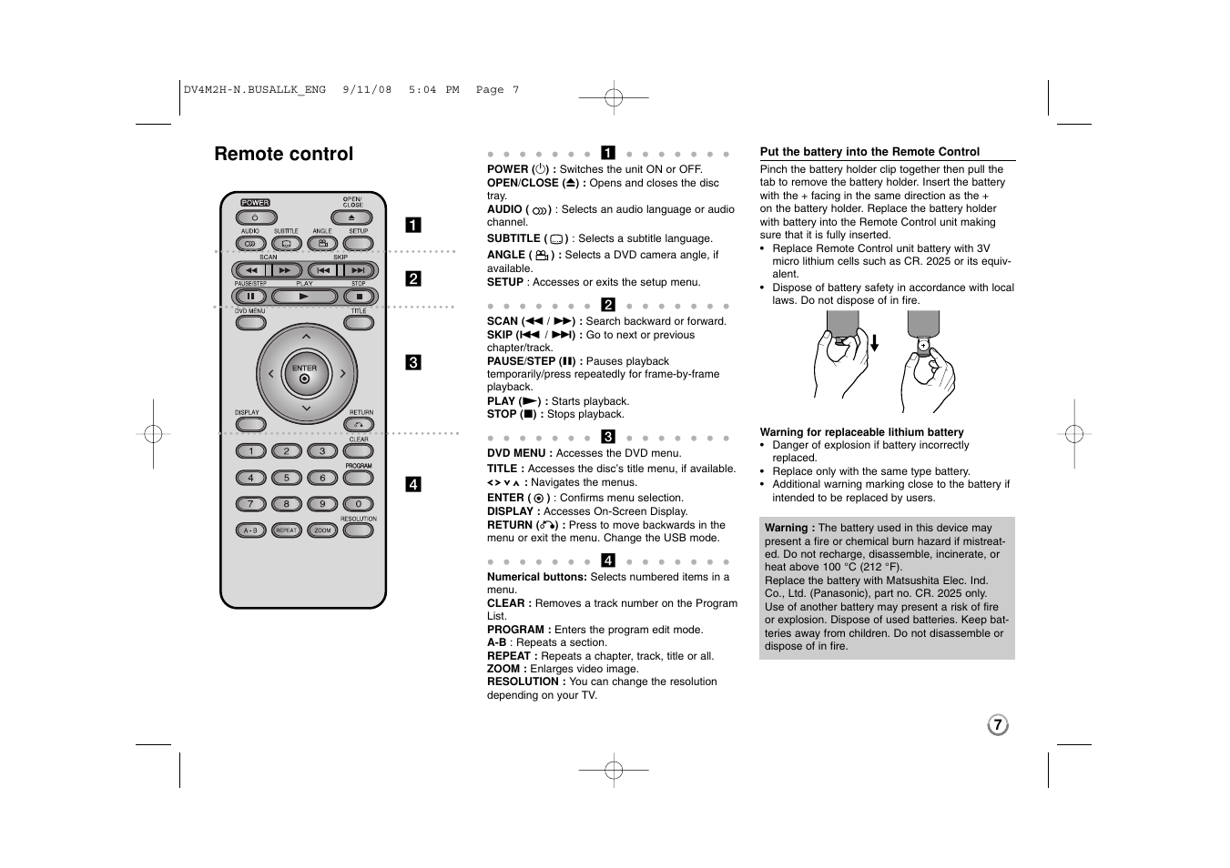 Remote control, Ab c d | LG DN899 User Manual | Page 7 / 17