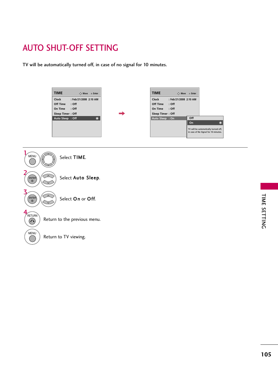 Auto shut-off setting, Time setting | LG 47LG70 User Manual | Page 107 / 152