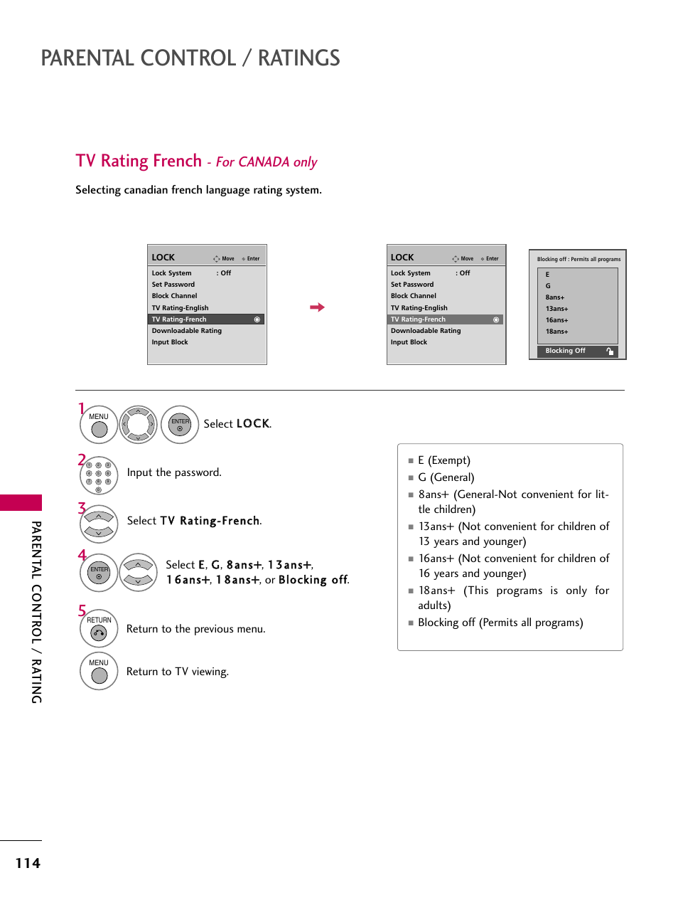 Parental control / ratings, Tv rating french, For canada only | Parent al contr ol / r ating | LG 47LG70 User Manual | Page 116 / 152