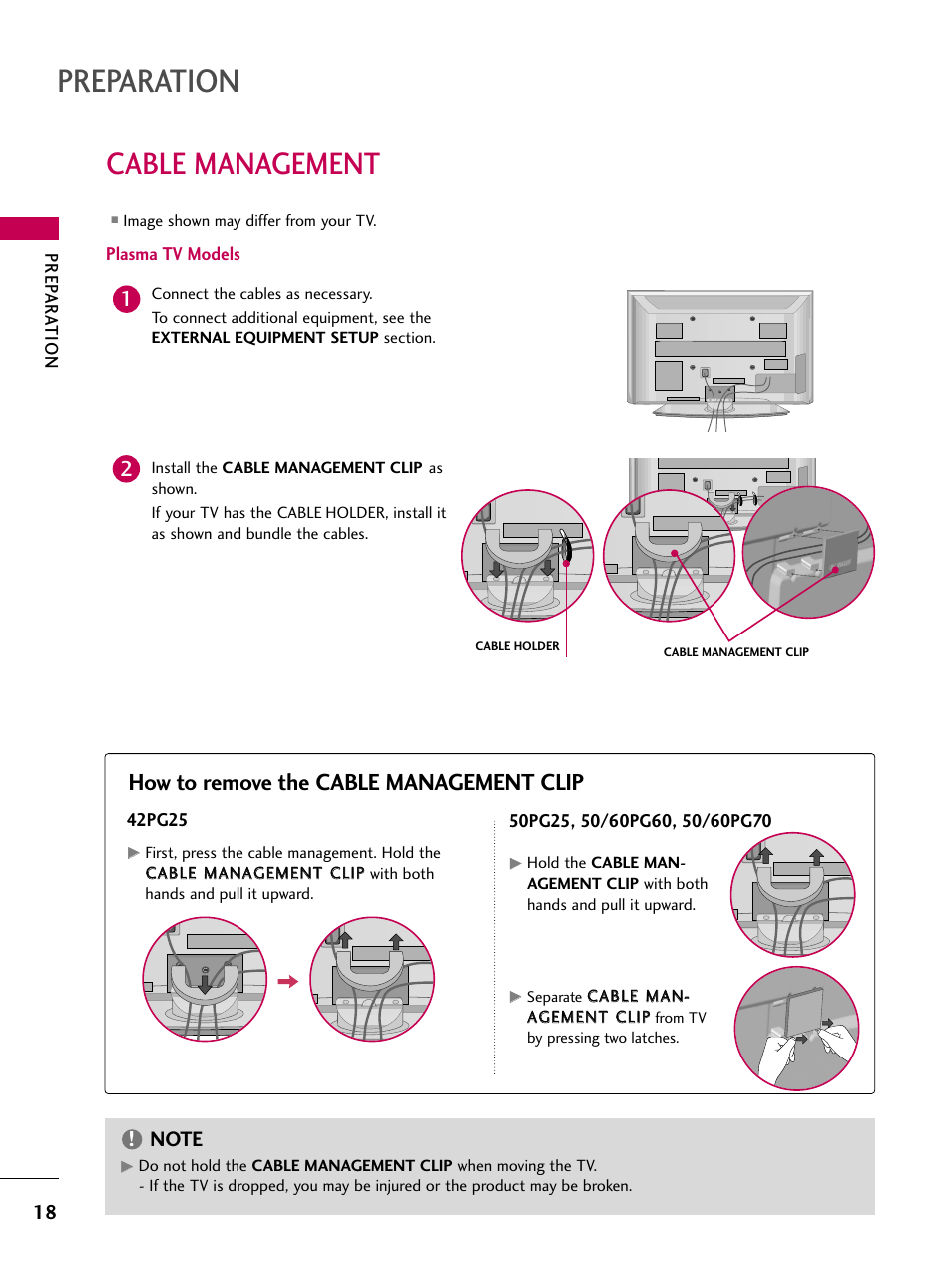 Preparation, Cable management, How to remove the cable management clip | LG 47LG70 User Manual | Page 20 / 152