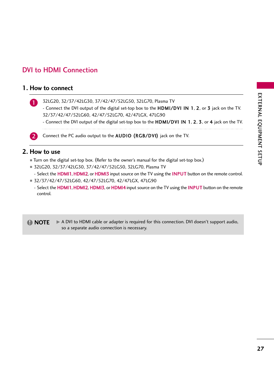 Dvi to hdmi connection, How to connect 2. how to use | LG 47LG70 User Manual | Page 29 / 152