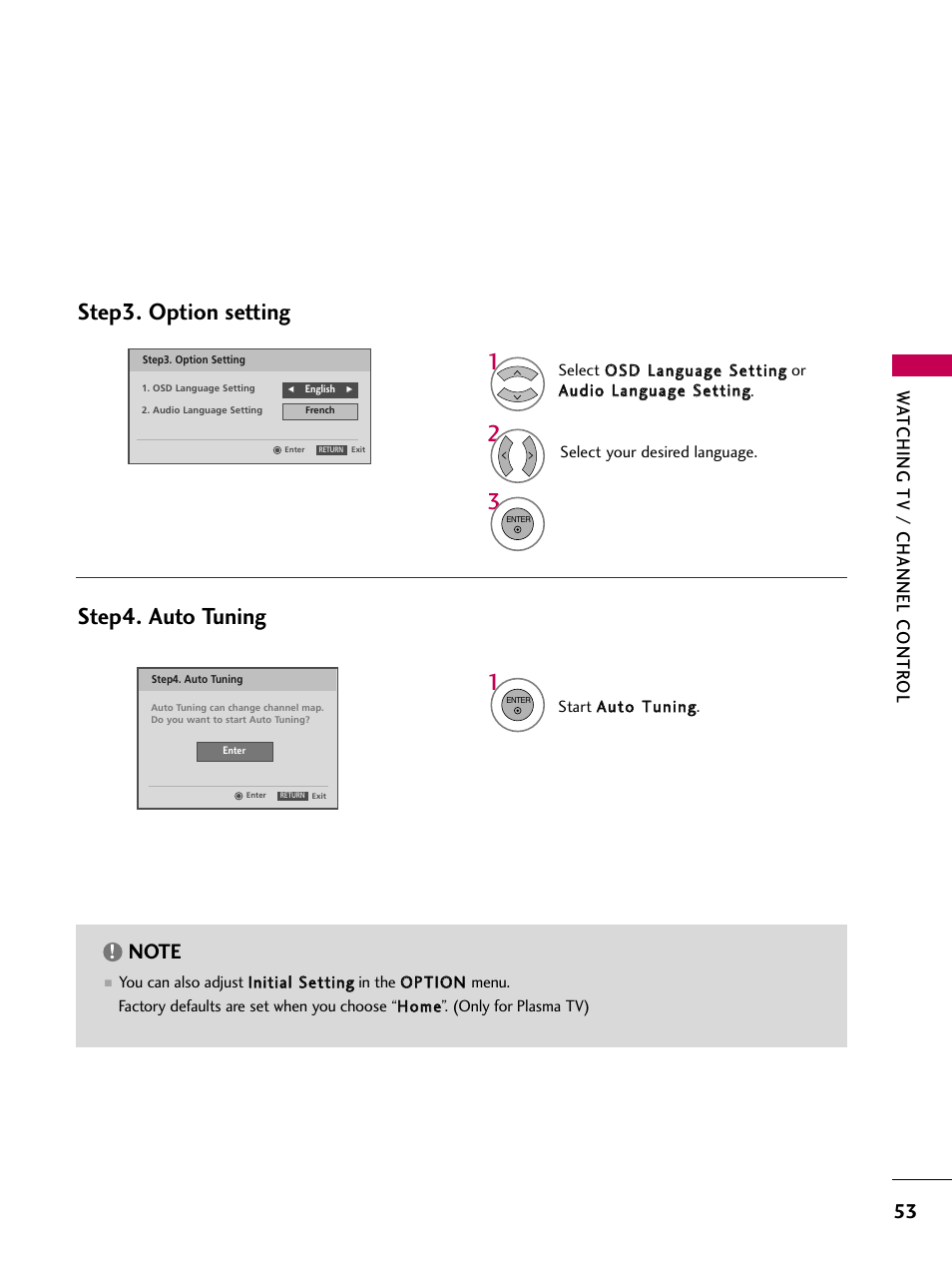 Step3. option setting step4. auto tuning, Watching tv / channel contr ol | LG 47LG70 User Manual | Page 55 / 152