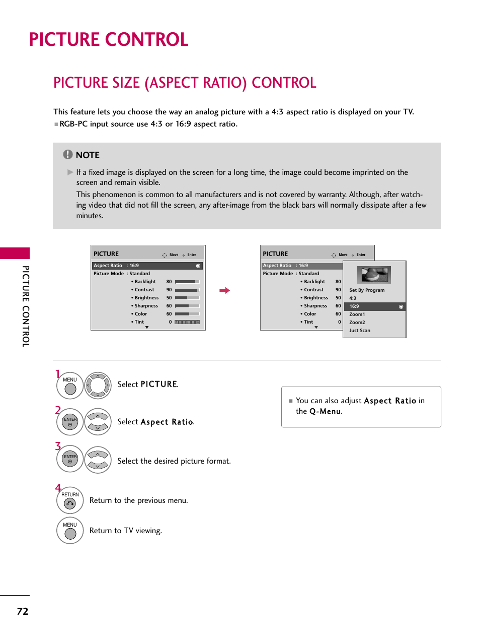 Picture control, Picture size (aspect ratio) control, Picture contr ol | LG 47LG70 User Manual | Page 74 / 152