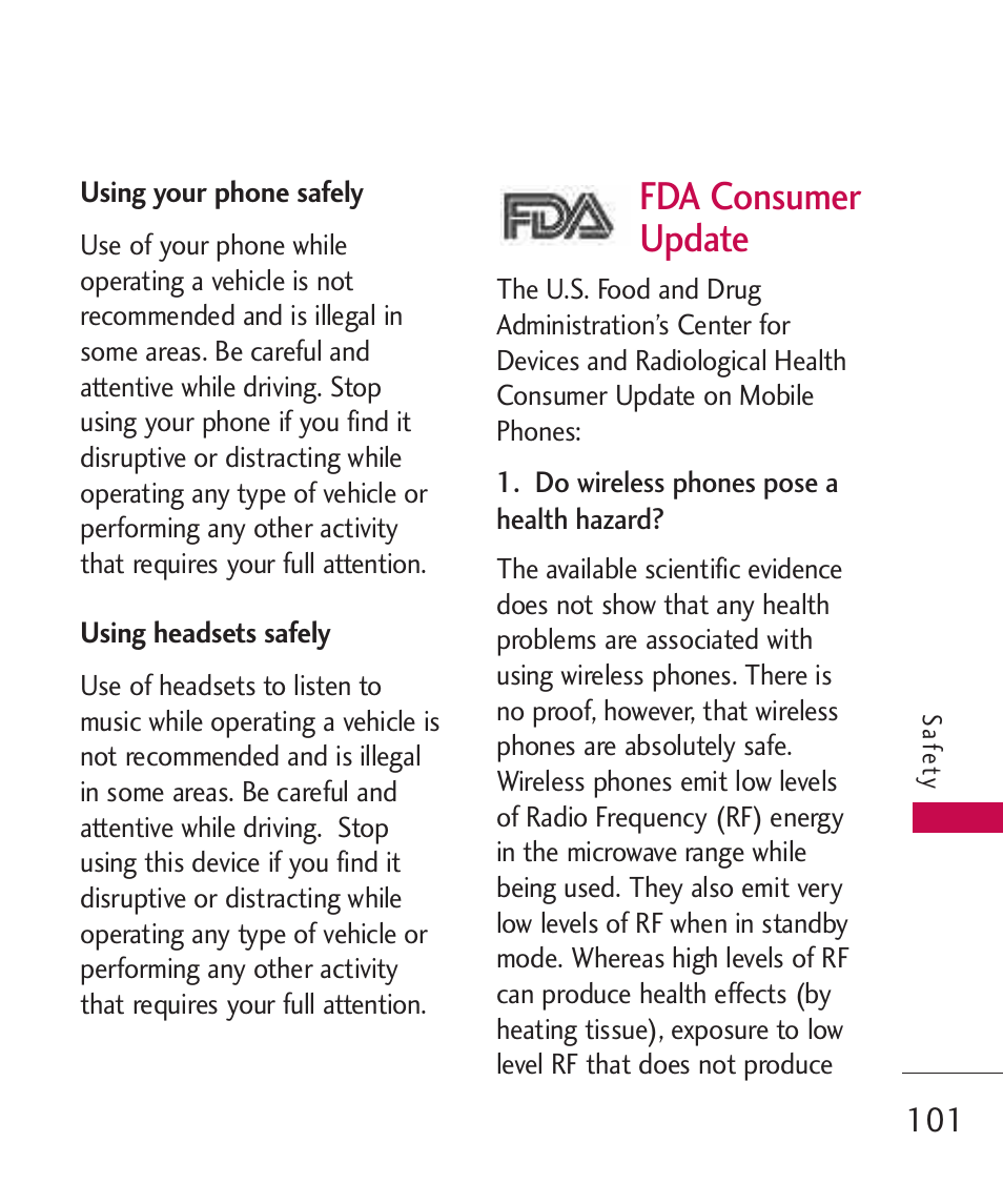 Using your phone safely, Using headsets safely, Fda consumer update | LG MN270 User Manual | Page 103 / 273