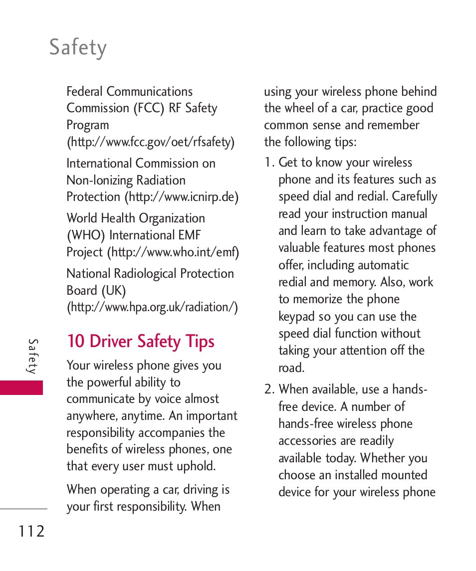 10 driver safety tips, Safety | LG MN270 User Manual | Page 114 / 273