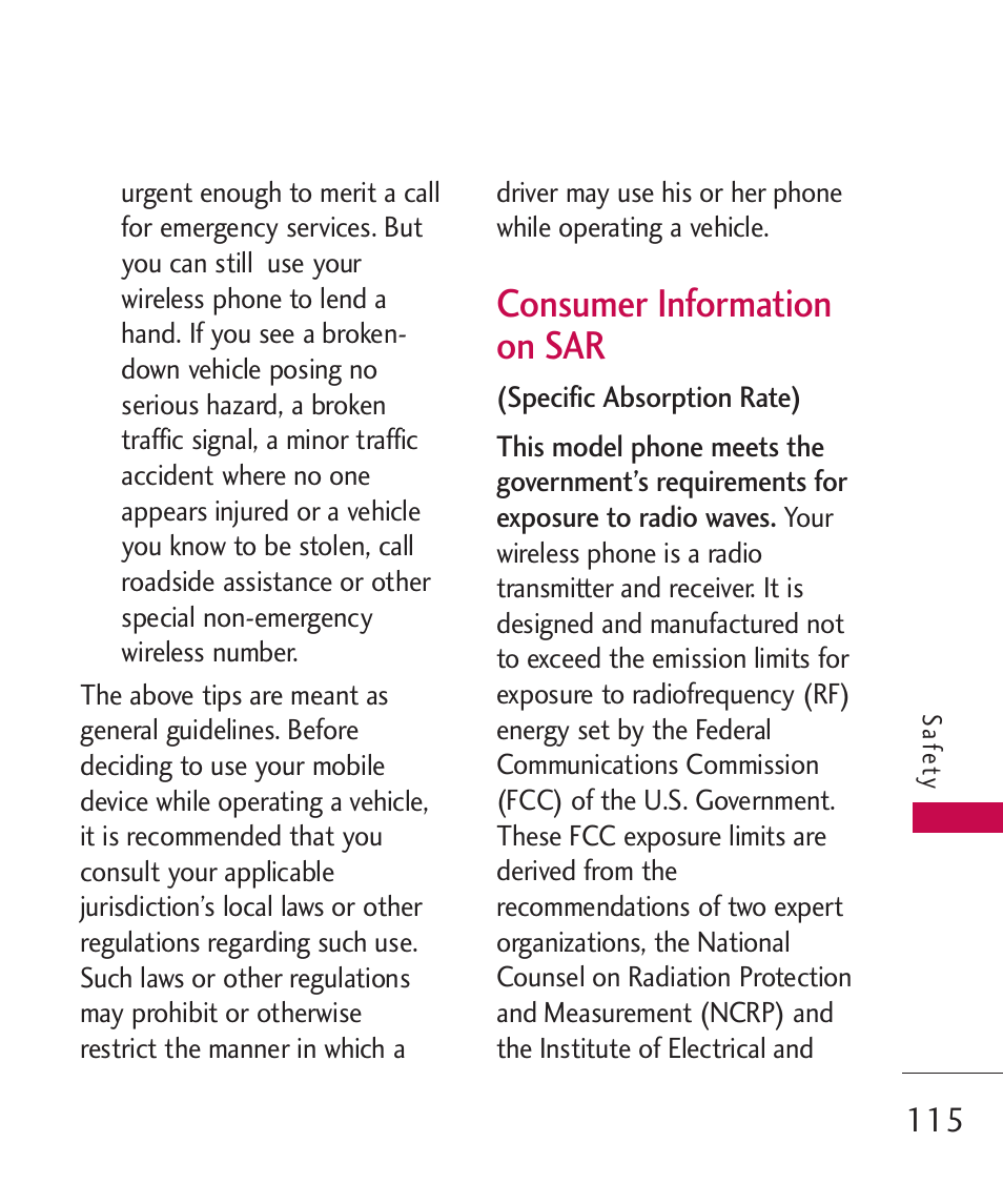 Consumer information on sar, Consumer information on sar | LG MN270 User Manual | Page 117 / 273