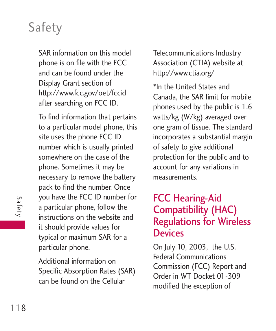 Fcc hearing-aid compatibilit, Safety | LG MN270 User Manual | Page 120 / 273