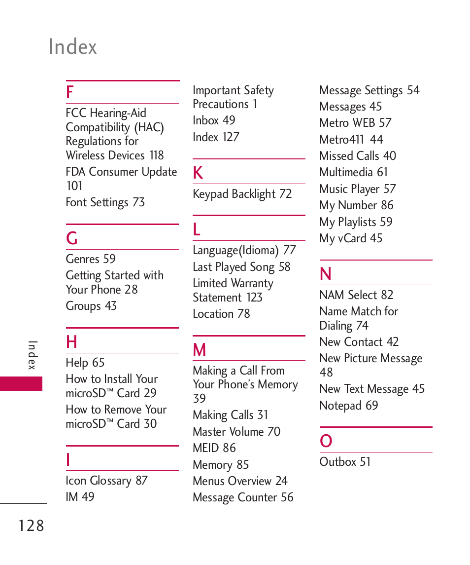 Index | LG MN270 User Manual | Page 130 / 273