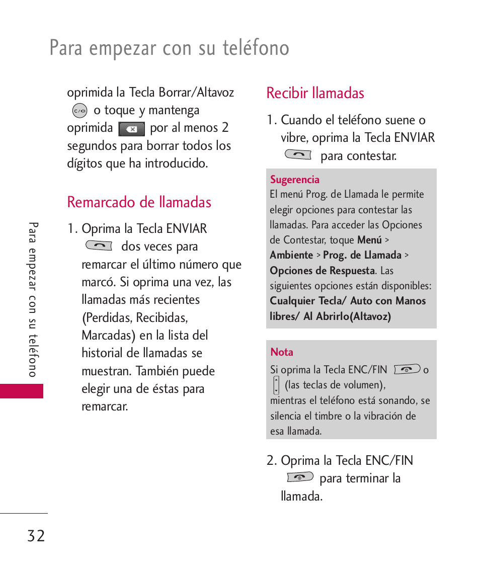 Remarcado de llamadas, Recibir llamadas, Para empezar con su teléfono | LG MN270 User Manual | Page 166 / 273