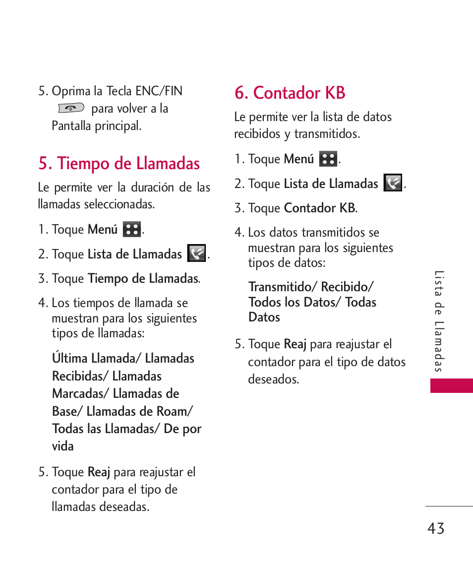 Tiempo de llamadas, Contador kb | LG MN270 User Manual | Page 177 / 273