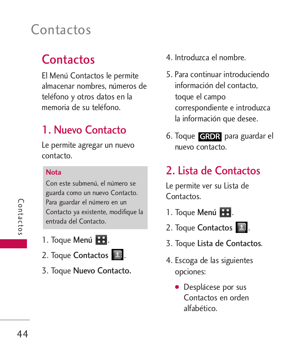 Contactos, Nuevo contacto, Lista de contactos | LG MN270 User Manual | Page 178 / 273