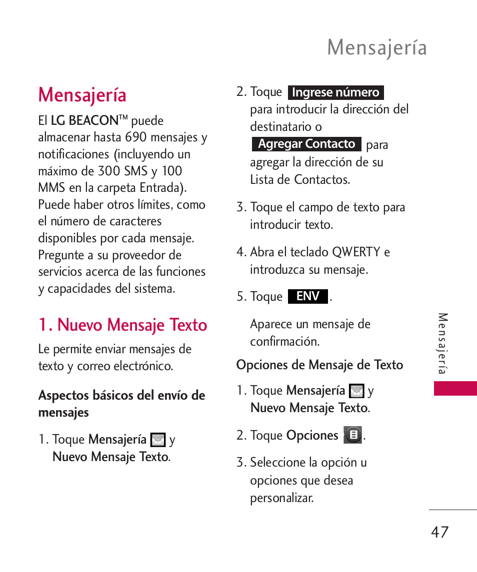 Mensajería, Nuevo mensaje texto | LG MN270 User Manual | Page 181 / 273