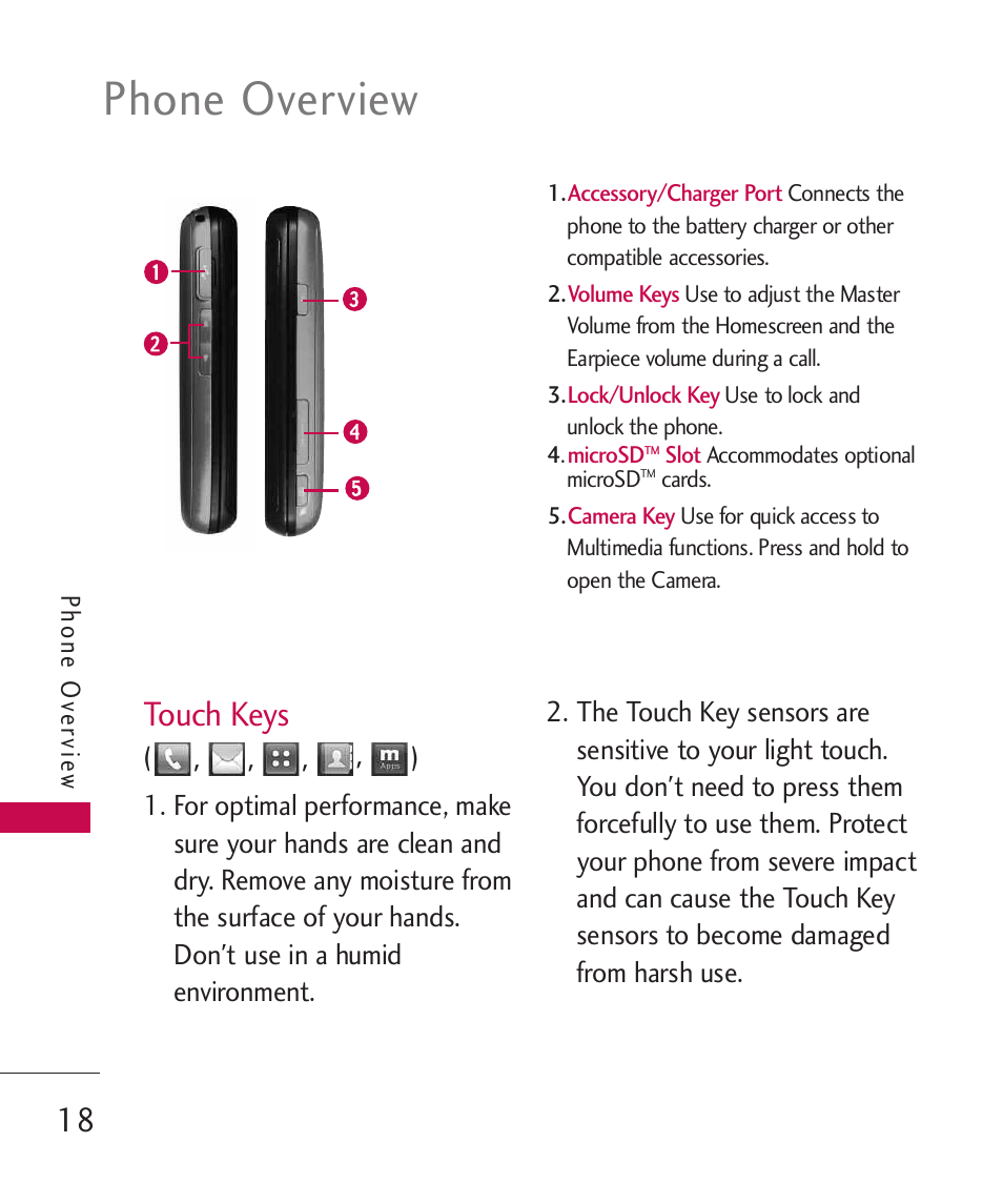 Touch keys, Phone overview | LG MN270 User Manual | Page 20 / 273