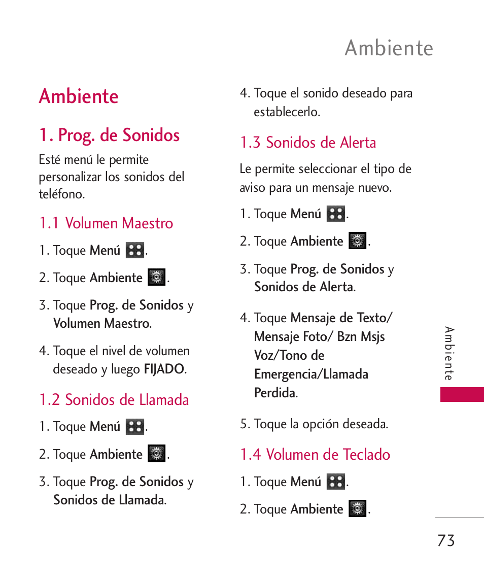 Ambiente, Prog. de sonidos, 1 volumen maestro | 2 sonidos de llamada, 3 sonidos de alerta, 4 volumen de teclado | LG MN270 User Manual | Page 207 / 273