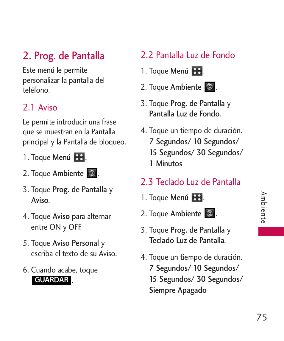 Prog. de pantalla, 1 aviso, 2 pantalla luz de fondo | 3 teclado luz de pantalla | LG MN270 User Manual | Page 209 / 273