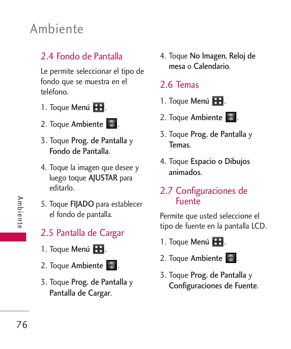 4 fondo de pantalla, 5 pantalla de cargar, 6 temas | 7 configuraciones de fuente, Ambiente | LG MN270 User Manual | Page 210 / 273