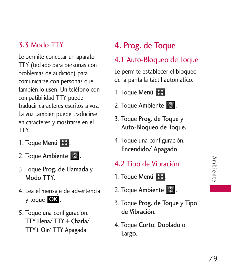3 modo tty, Prog. de toque, 1 auto-bloqueo de toque | 2 tipo de vibración, 79 3.3 modo tty | LG MN270 User Manual | Page 213 / 273