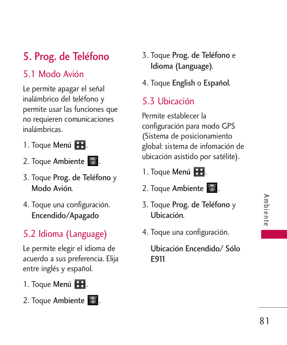 Prog. de teléfono, 1 modo avión, 2 idioma (language) | 3 ubicación | LG MN270 User Manual | Page 215 / 273