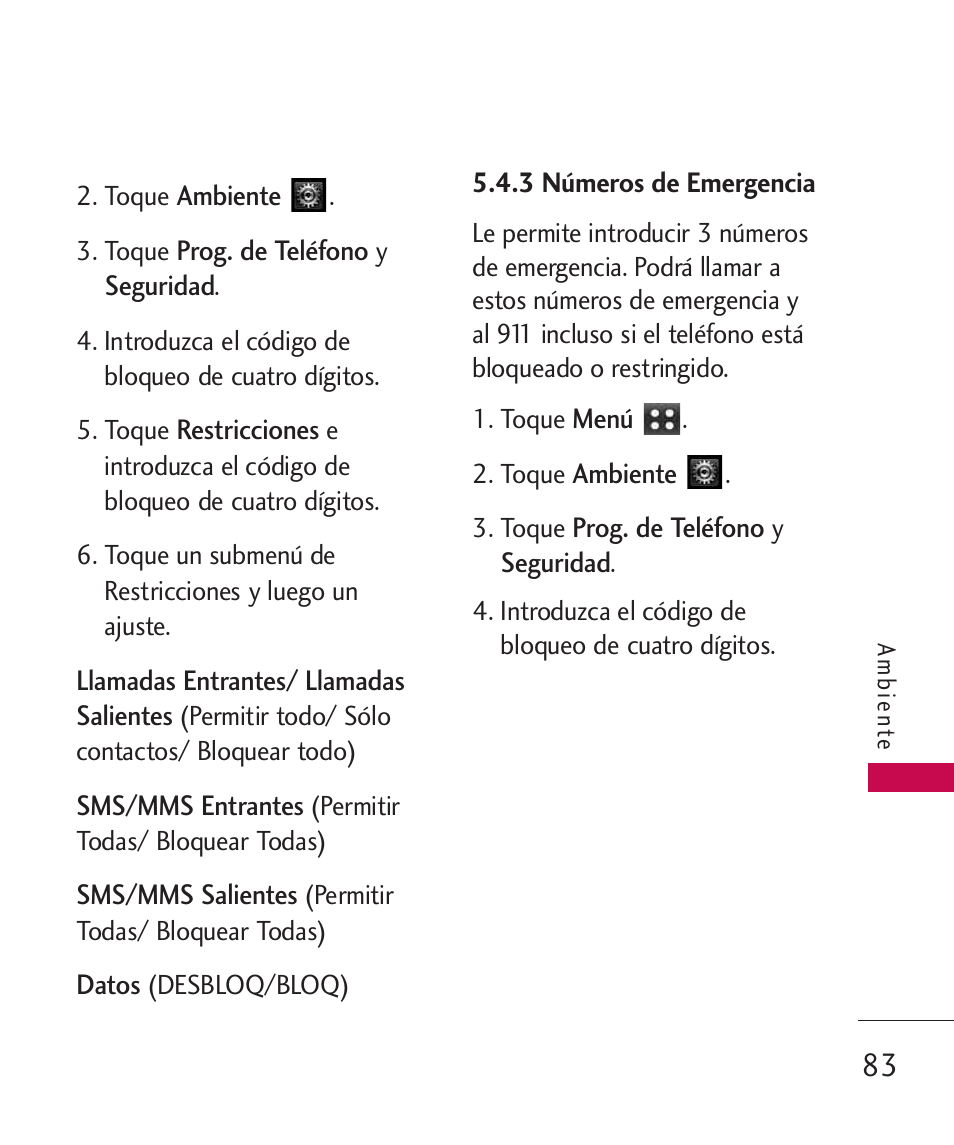 3 números de emergencia | LG MN270 User Manual | Page 217 / 273