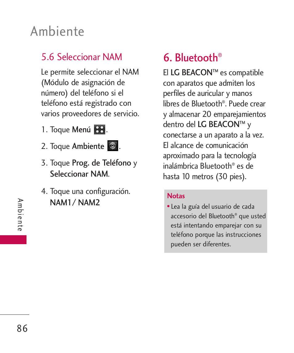 6 seleccionar nam, Bluetooth, Ambiente | 86 5.6 seleccionar nam | LG MN270 User Manual | Page 220 / 273