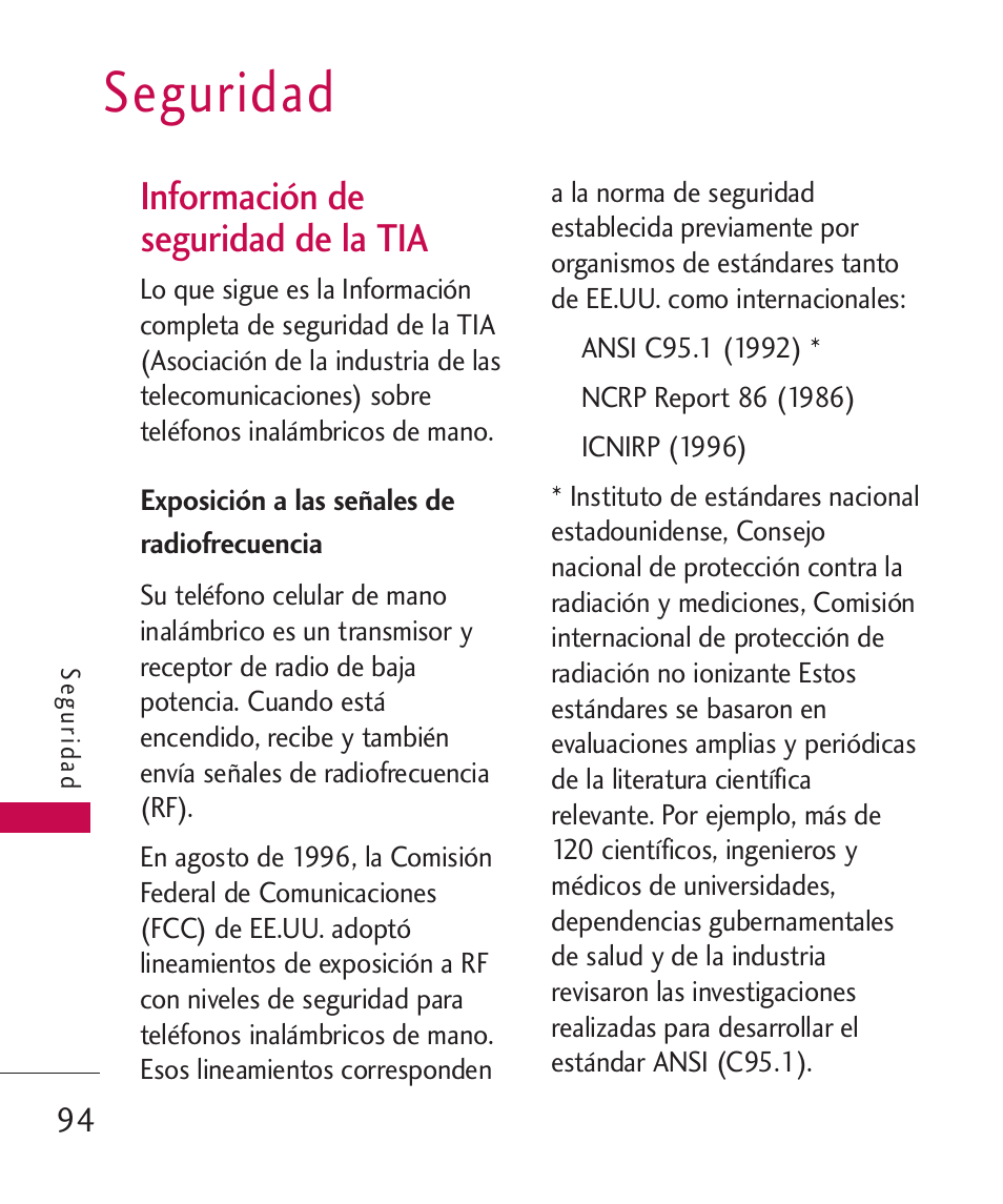 Seguridad, Información de seguridad de, Exposición a las señales de | Información de seguridad de la tia, Exposición a las señales de radiofrecuencia | LG MN270 User Manual | Page 228 / 273