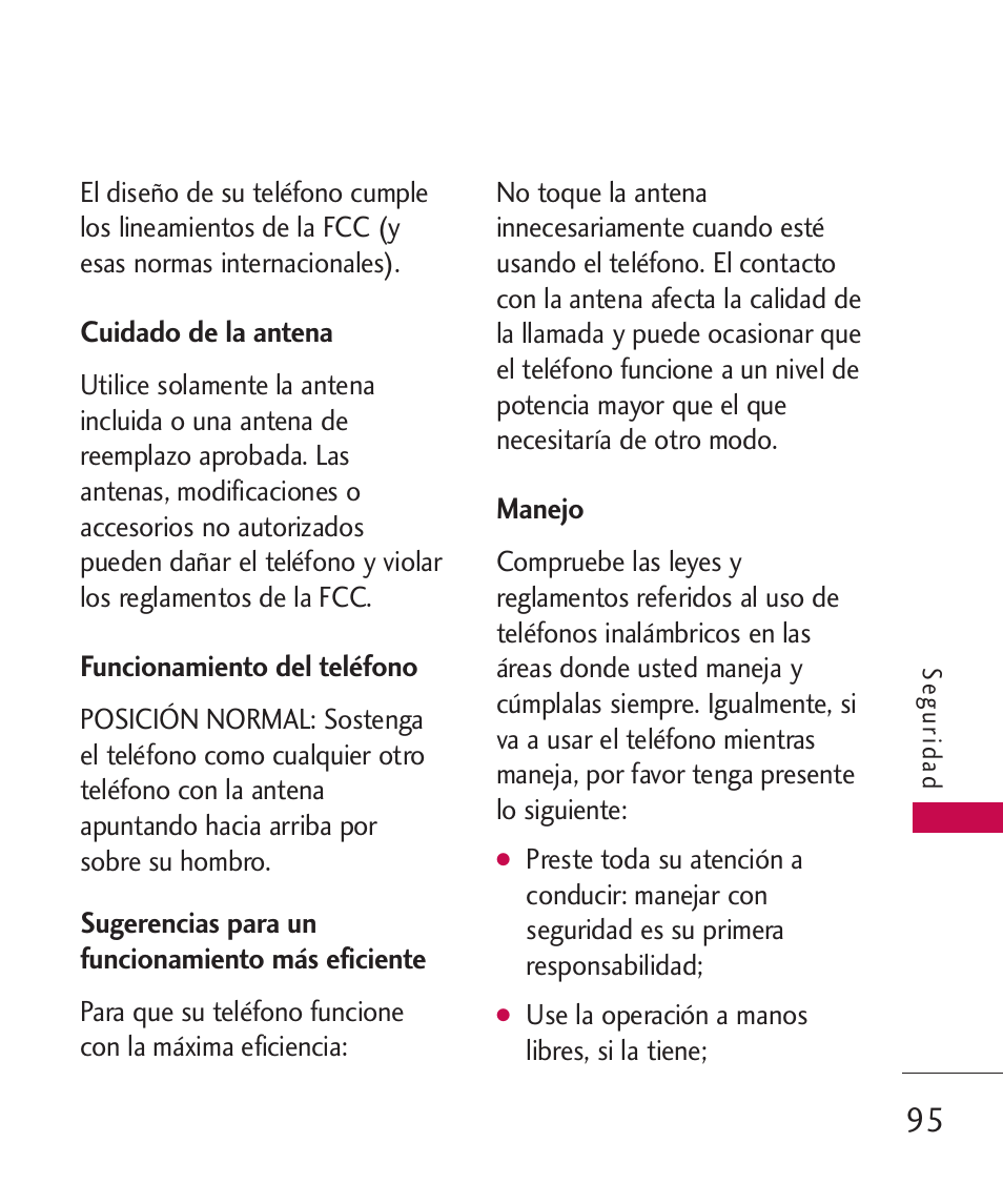 Cuidado de la antena, Funcionamiento del teléfono, Sugerencias para un funciona | Manejo, Sugerencias para un funcionamiento más eficiente | LG MN270 User Manual | Page 229 / 273