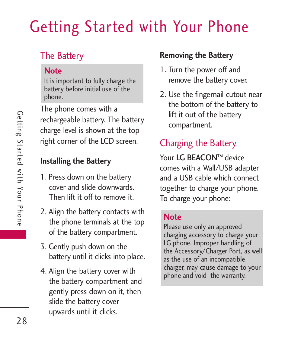 Getting started with your phone, The battery, Installing the battery | Removing the battery, Charging the battery, 28 the battery | LG MN270 User Manual | Page 30 / 273