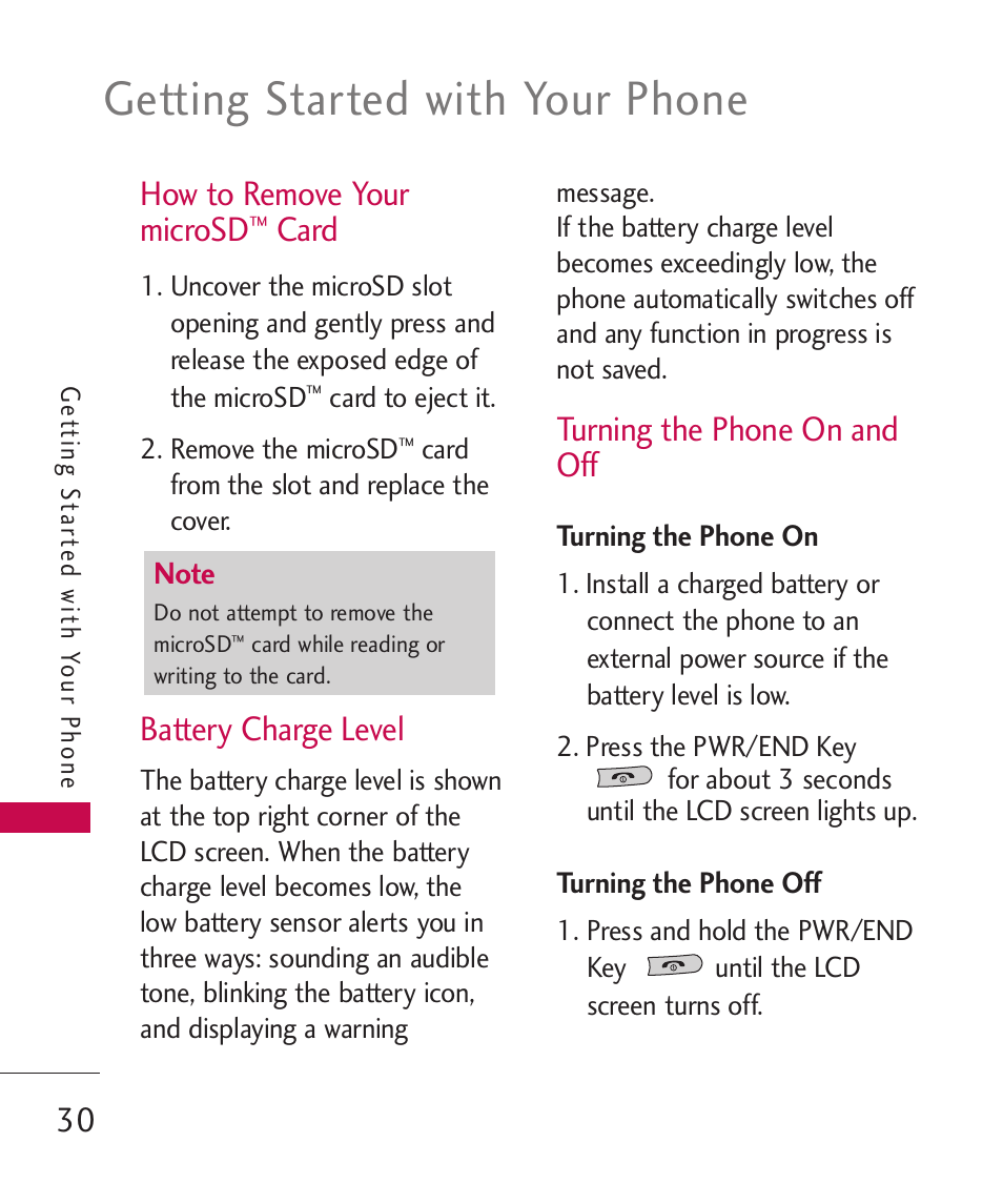 How to remove your microsd, Battery charge level, Turning the phone on and off | Turning the phone on, Turning the phone off, Card, Getting started with your phone, 30 how to remove your microsd | LG MN270 User Manual | Page 32 / 273